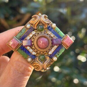 SORRELLI Rhinestone and Stone Brass Art Deco BROOCH